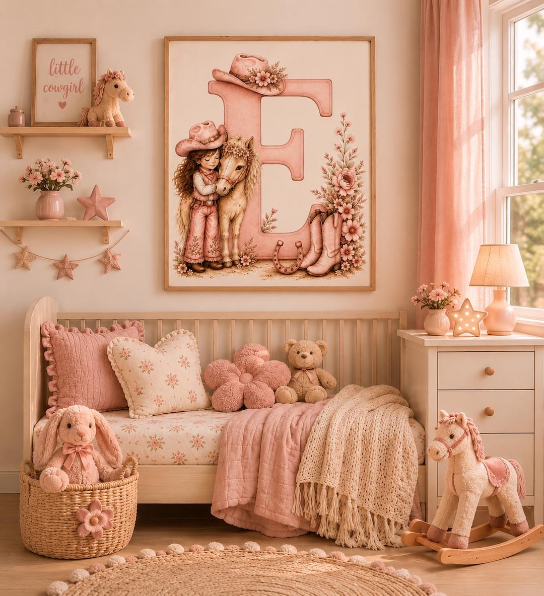Pink Rdg Letter E Cowgirl Nursery Print, Pink Western Baby Girl Wall Art ...
