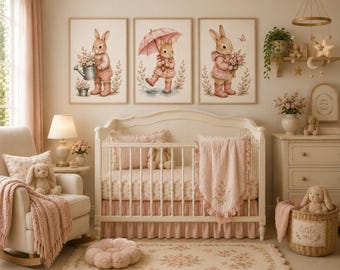 Set of 3 Pink Bunny Nursery Prints, Baby Girl Rabbit Woodland Wall Art