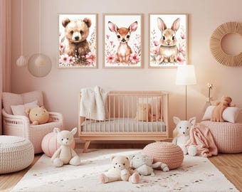Set of 3 nursery prints, floral animal wall art, bunny, deer, bear prints, Digital download