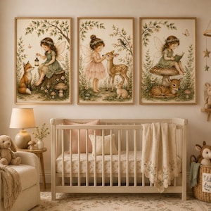 May include: Three framed wall art prints featuring illustrations of fairies in a forest setting with woodland animals including a fox, a deer, and a rabbit. The artwork displays soft earth tones, greenery, and whimsical fairy characters in nature.