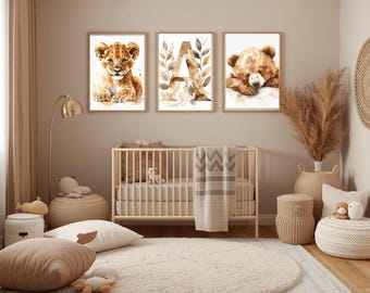 Zestaw 3 wydruków do pokoju dziecięcego z literą A w stylu Safari, grafika ścienna ze zwierzętami, do pobrania w wersji cyfrowej, neutralny wzór