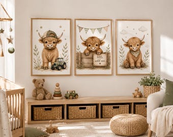 Set of 3 Neutral Highland Cow Nursery Prints, Baby Boy Farm Animal Wall Art