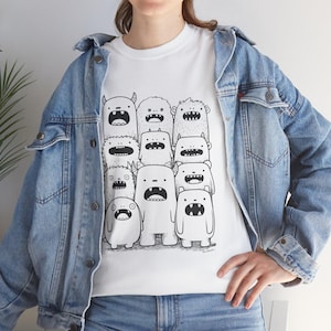 Schattig monster T-shirt | Grappig cartoon wezen T-shirt, unisex katoenen shirt, speelse kunst, cadeau voor nerds