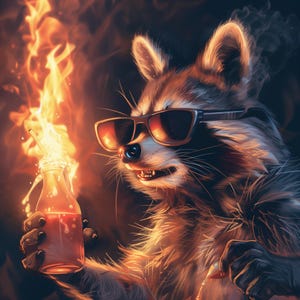 Póster de mapache con cóctel molotov: descarga de arte digital divertido, decoración de pared estilo cómic, ilustración humorística imprimible