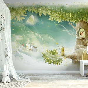 Carta da parati murale con favola stravagante – Carta da parati con foresta magica per la cameretta dei bambini – Arte in vinile testurizzato per un arredamento d'interni da sogno per la cameretta dei bambini – Dimensioni personalizzate