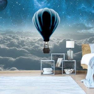 Carta da parati murale fantasy con mongolfiera – Carta da parati con cielo e nuvole da sogno – Arte in vinile testurizzato per camerette moderne o decorazioni d'interni boho – Dimensioni personalizzate