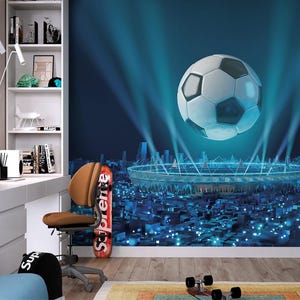 Murale da parete con pallone da calcio gigante – Carta da parati futuristica da stadio – Arte in vinile testurizzato per la stanza degli adolescenti o per l'arredamento degli interni degli appassionati di sport – Dimensioni personalizzate