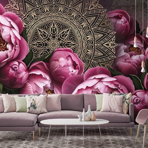 Carta da parati murale Peonia scura – Carta da parati floreale vintage con mandala – Elegante vinile testurizzato per pareti decorative in stile Boho Deco – Dimensioni personalizzate