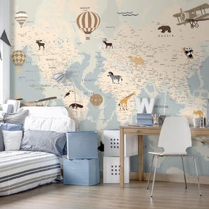 Papier peint carte du monde pour enfants - papier peint de voyage éducatif pour animaux - oeuvre d'art en vinyle texturé pour décoration de salle de jeux ou de chambre d'enfant moderne - dimension personnalisée