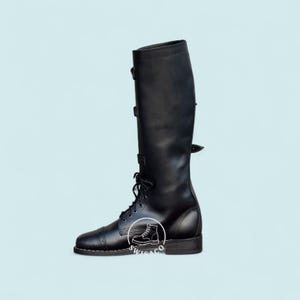 May include: Black leather knee-high boot with a lace-up front and three buckle closures. The boot has a rounded toe and a small heel. The boot is a classic style, suitable for various occasions.