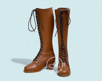 Tan leather Riding boots, Tall boots, German SA boot, Military marching boots. Ladies tall boots.