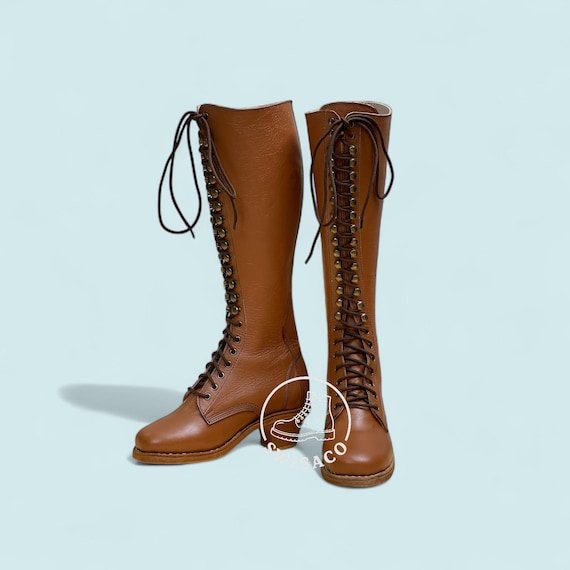 Tan Leather Lace-up Tall Boots, Military Inspired - Etsy display picture 2