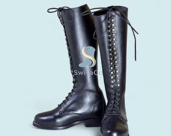 Botas altas de cuero negro hechas a mano con cordones / Estilo gótico de combate para montar a caballo