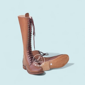 Handgemaakte hoge leren veterlaarzen | Kniehoge rijlaarzen | Uniseks vintage paardensportstijl. Klassieke paardrijstijl met veters