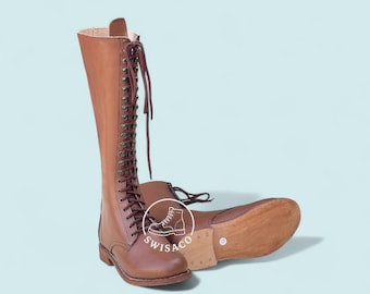 Handmade Tall Leather Lace-Up Boots | Knee-High Riding Boots | Unisex Vintage Equestrian Style. Tall Lace-Up Classic Equestrian Riding Style
