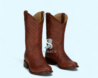 Handcrafted Brown Leather Cowboy Boots – Classic Round Toe Western Boots | Premium Handmade Ranch Footwear