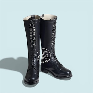 Handmade Black Leather Tall Lace-Up Boots, Military Style