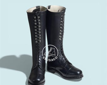Handmade Black Leather Tall Lace-Up Boots, Military Style