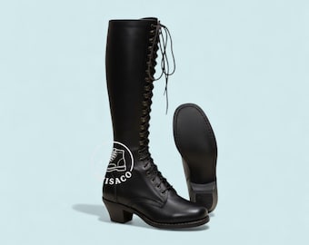 Handmade Women’s Black Leather Lace-Up Tall Boots – Vintage Victorian Riding Heeled Boots.