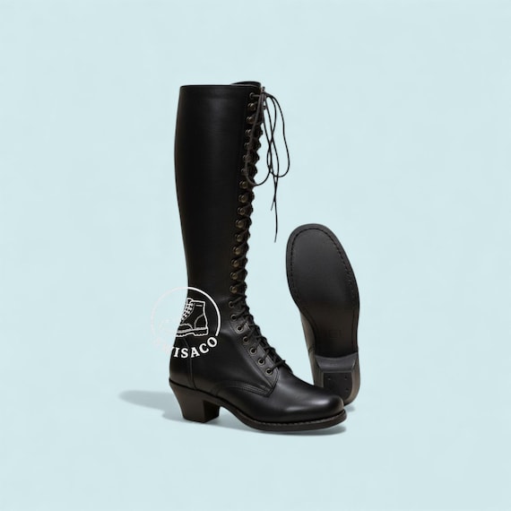 Handmade Women’s Black Leather Lace-Up Tall Boots – Vintage Victorian Riding Heeled Boots.