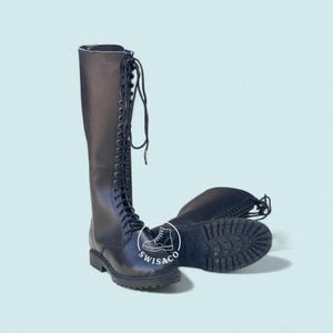 Handmade Tall Black Leather Lace-Up Boots | Knee-High Combat Boots with Rugged Lug Sole,  Handmade Knee-High Combat Boots for Women & Men.