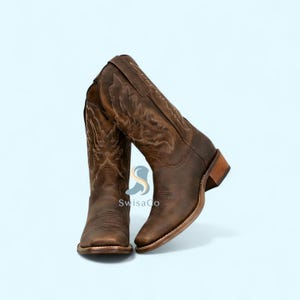Handmade Brown Leather Cowboy Boots | Men's Square Toe Western Boots