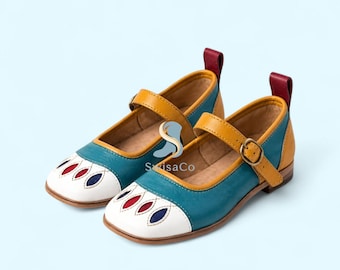 Colorful Leather Mary Jane Shoes, Handmade Buckle Strap Flats, Vintage Style