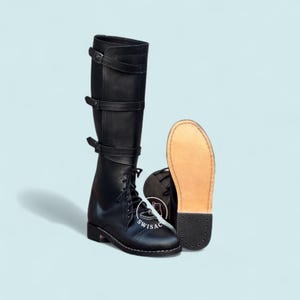 Handcrafted Leather Cavalry Boots – Tall Military Riding Boots with Buckle Straps – Vintage Style Lace-Up Boots