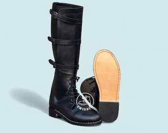 Botas de caballería de cuero artesanales, estilo militar vintage, con cordones