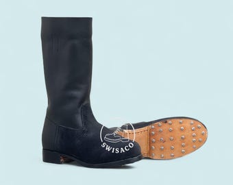 Handmade Black Leather Military Boots, Vintage Style Riding Boots with Studded Sole