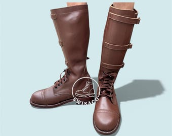Botas de cuero hasta la rodilla estilo caballería para hombre / Calzado de montar de inspiración militar hecho a mano con correas.