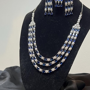 Royal blue/ Saphire American Diamond Necklace with earrings Necklace set tripe layer