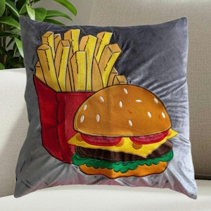 Pop Art Pillow, Hamburger Embroidered Throw Pillow, 20x20 inch, Comic Book, Retro Home Decor, Modern Home Decor, Cool Home Decor,Friend Gift