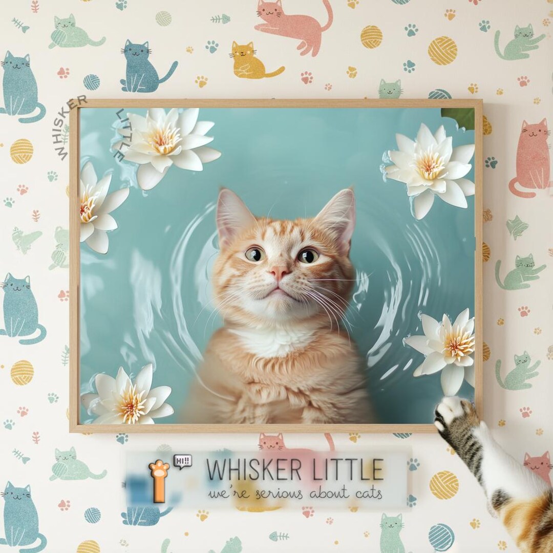 Printable Ginger Cat in Tranquil Blue Water, Whimsical Animal Wall Art ...
