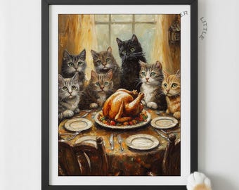 Muurdecoratie met katten rond een Thanksgiving-feest, rustieke herfstdecoratie