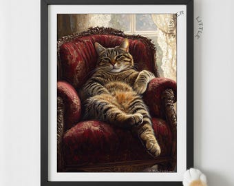 Majestic Tabby Cat in a Vintage Armchair Printable Wall Art, Cozy Living Room Decor