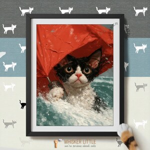 May include: A framed wall art print featuring an oil painting of a black and white cat with large eyes standing in choppy teal water under a bright red umbrella. The cat has wet, textured fur and a pink nose. The frame is black and rectangular.