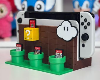 Nintendo Switch Dock Inspired by Super Mario, 12 Game Cartridge and Console Organizer Stand, Game Dock Station Base
