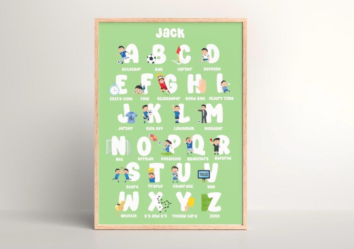 Personalized Football Alphabet Poster for Kids | Custom Name A-Z Sports Wall Art | Soccer Nursery or Bedroom Decor, Boys Room Gift