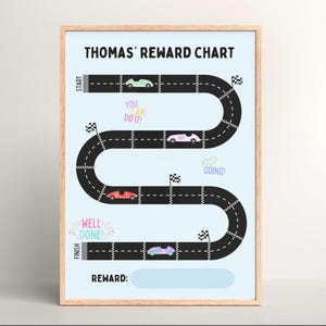 Tableau de récompenses personnalisé pour enfants sur piste de course | Suivi du comportement sur le thème de la voiture, affiche de récompense avec nom personnalisé, tableau pour tout-petits, tableau de motivation