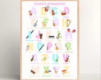Alfabetposter voor kinderorkest: muurkunst muzikaal abc - decoratie in de klas