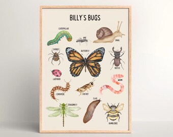 May include: A framed print titled "Billy's Bugs" features watercolor illustrations of various insects, including a caterpillar, butterfly, ladybug, and bumblebee. The artwork is set against a cream background, with each bug labeled with its name.