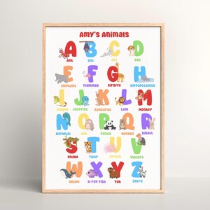 Póster personalizado con alfabeto de animales, nombre personalizado A-Z, safari y jungla, arte mural para niños, decoración infantil, impresión para habitación de bebé, regalo educativo