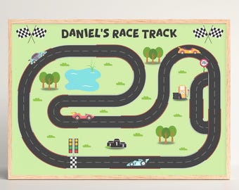Personalized Race Track Poster: Car Theme Kids Bedroom Wall Art