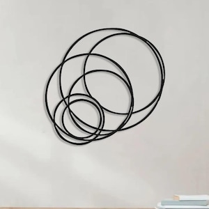 May include: Black metal wall art featuring overlapping circular shapes. The artwork is mounted on a white wall above a wooden media console with white cabinet doors. A potted plant and a floor lamp are also visible.
