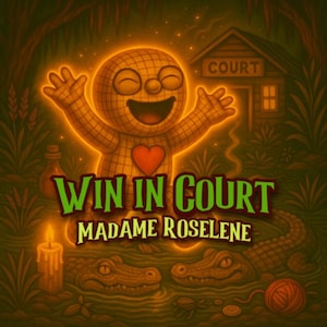 Pode incluir: Ilustração vibrante com uma figura sorridente e brilhante com um coração e braços abertos. O texto "WIN IN COURT" e "MADAME ROSELINE" está em destaque. Dois jacarés de desenho animado e uma vela também estão presentes.