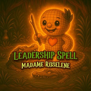 May include: An illustrated advertisement for "Leadership Spell" by Madame Roselene. The image features a smiling, grid-patterned figure with a heart, holding a stick, and two alligators in a swamp. The text is in green and brown.