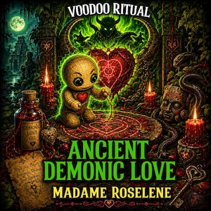 May include: An illustration featuring the text "VOODOO RITUAL" and "ANCIENT DEMONIC LOVE MADAME ROSELENE". A voodoo doll holds a string attached to a red heart. A bottle labelled "DEMONIC LOVE OIL" and lit candles are also present.