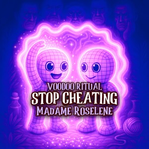 May include: An illustration featuring two smiling, grid-patterned figures with large eyes, surrounded by a glowing purple aura. Text reads "Voodoo Ritual Stop Cheating Madame Roselene" in a stylized font, set against a dark blue background.