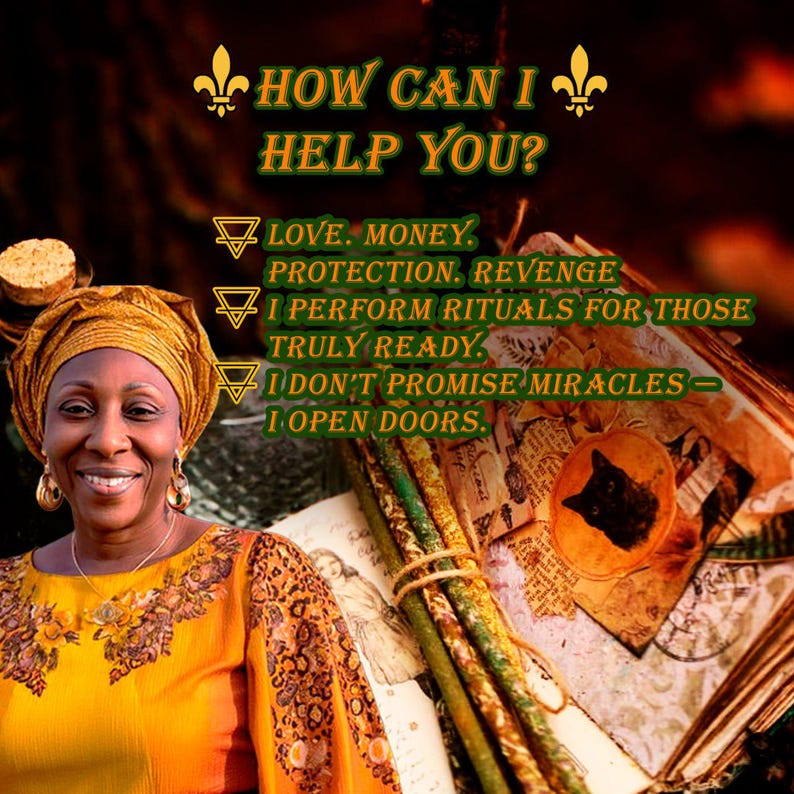 May include: An image featuring a woman in a yellow and orange outfit with text that reads "HOW CAN I HELP YOU?" and lists services like love, money, and protection. The image includes a stack of books and a decorative element.